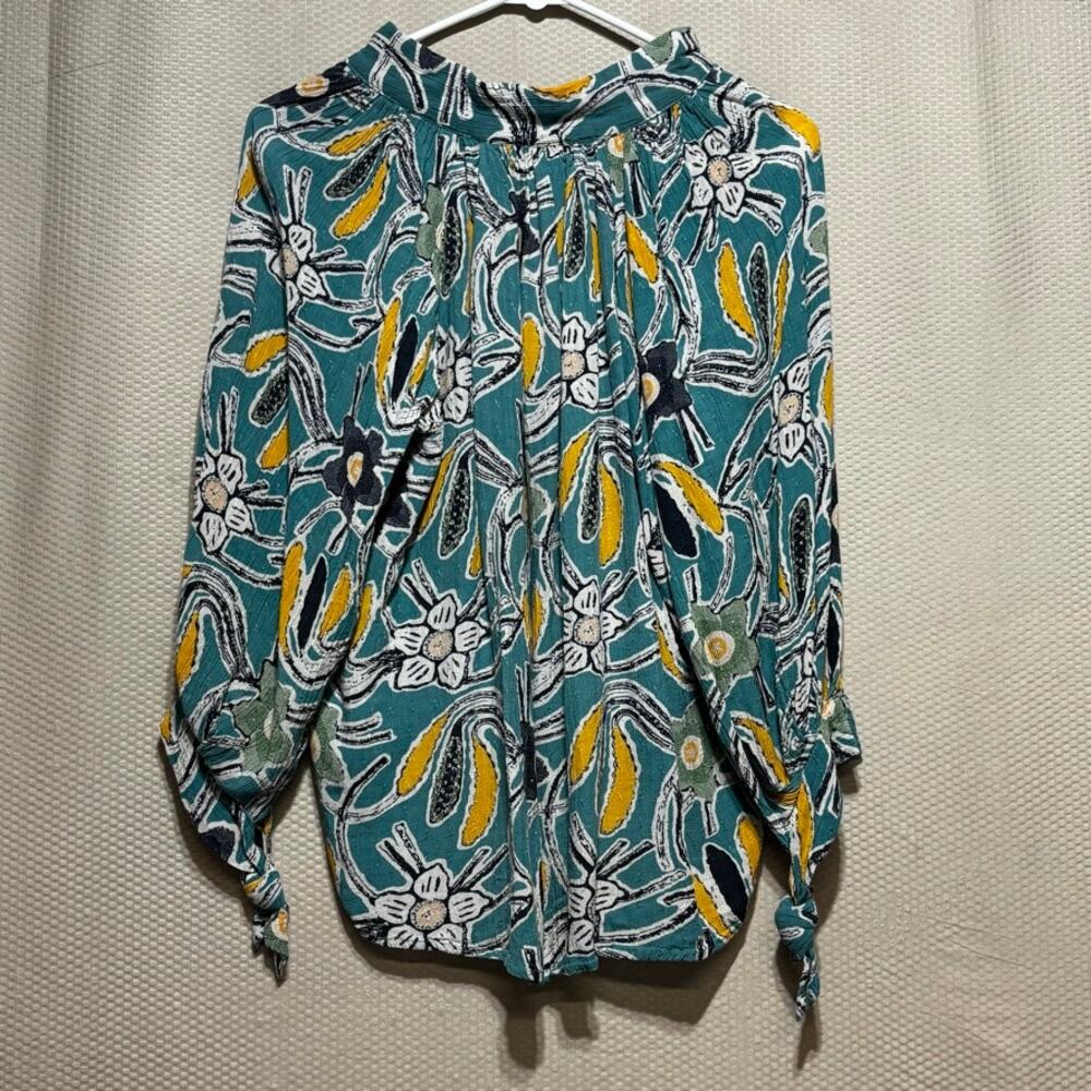 Christian Siriano New York Women's Medium Teal Floral Print Tie Sleeve Blouse - Picture 8 of 8